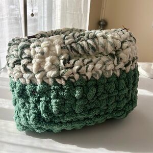 Green and White Textured Hand Crocheted Basket/Tote